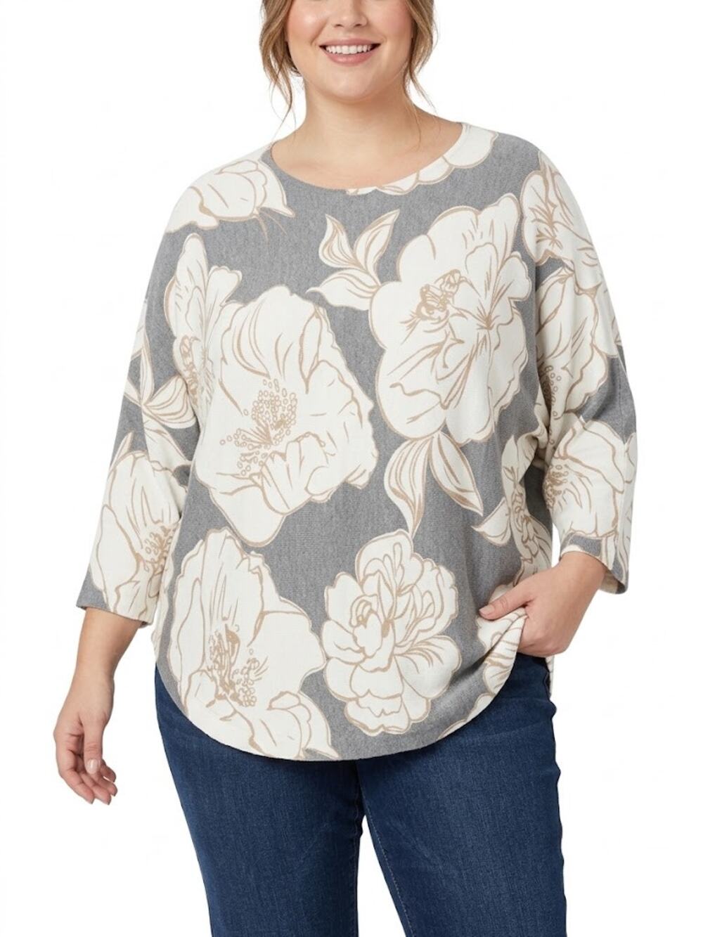 Sioni Floral Knit Dolman Sleeve Sweater Top Size 1X NWT Grey Eggshell Soft Cozy